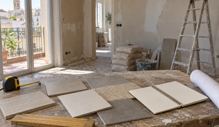 Muestras de azulejos en tonos neutros, cinta métrica, escalímetro y plano sobre una mesa en una vivienda en reforma