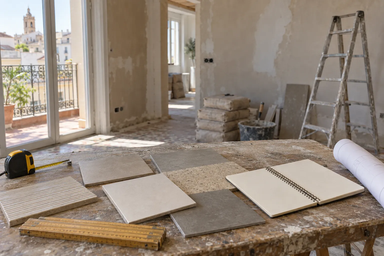 Muestras de azulejos en tonos neutros, cinta métrica, escalímetro y plano sobre una mesa en una vivienda en reforma