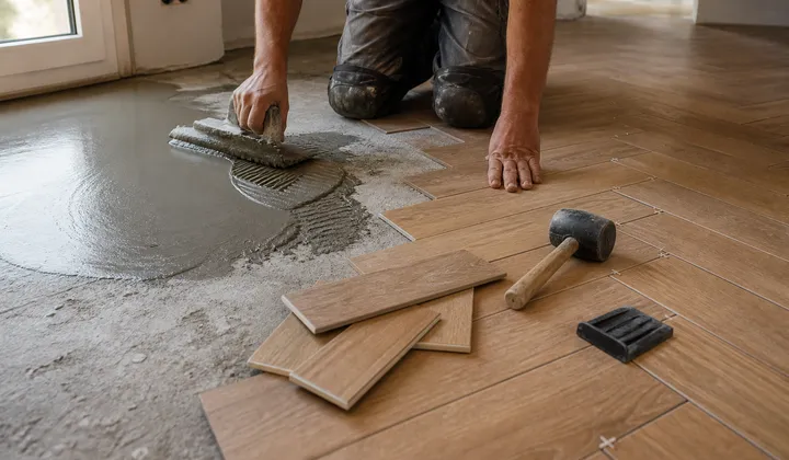 Colocación de suelo porcelánico efecto madera en una vivienda en reforma, con mortero extendido y piezas listas para instalar